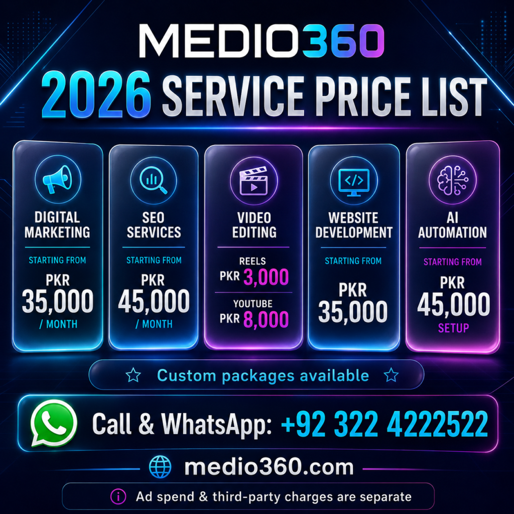 Medio360 2026 digital marketing, SEO, video editing, website and AI automation price list