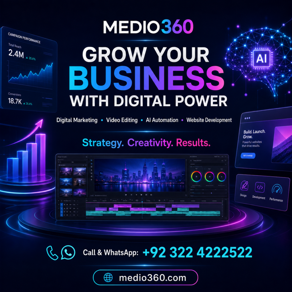 Medio360 digital marketing, video editing, AI automation and website development services poster
